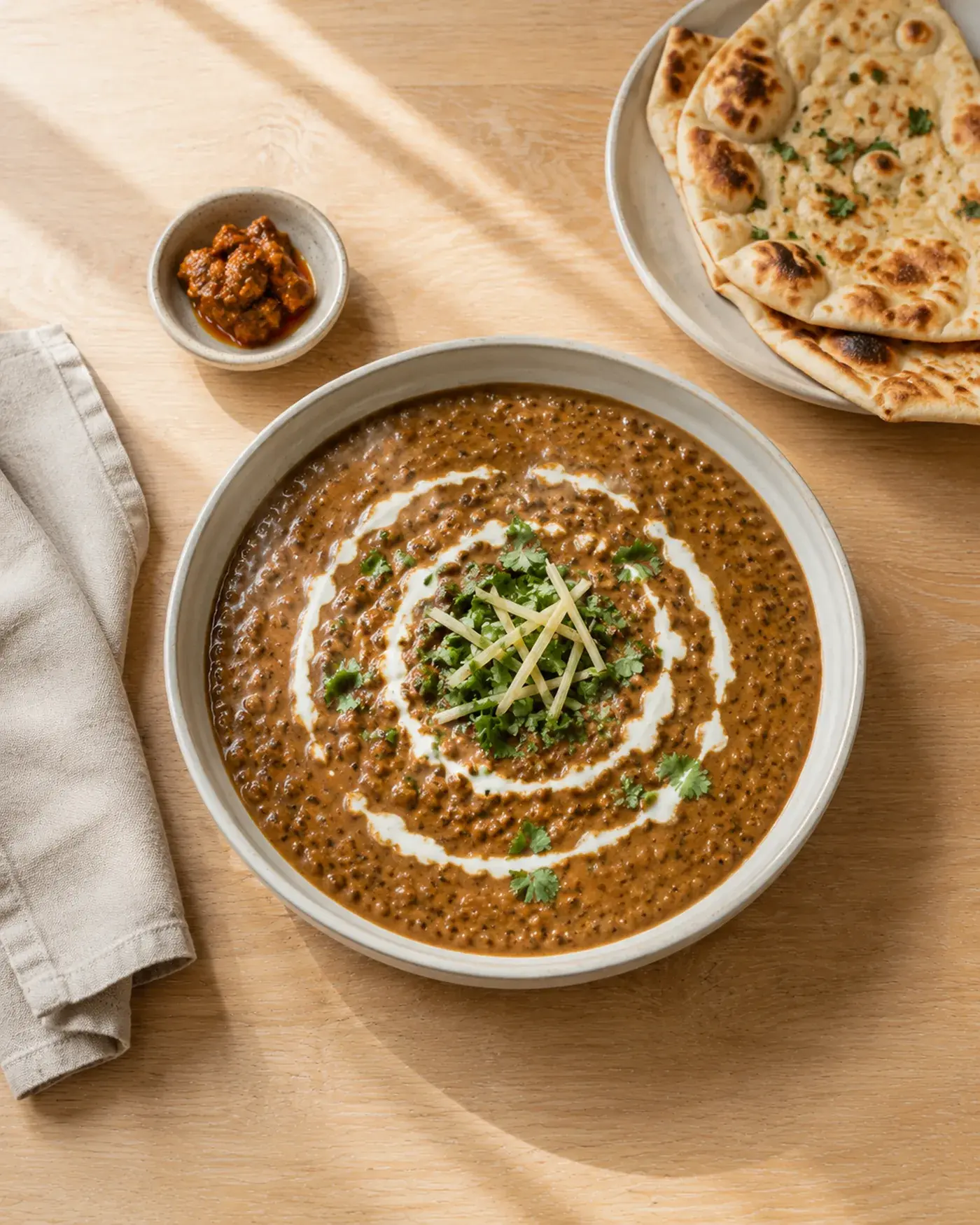 A brass bowl of dal makhani topped with coriander and ginger.