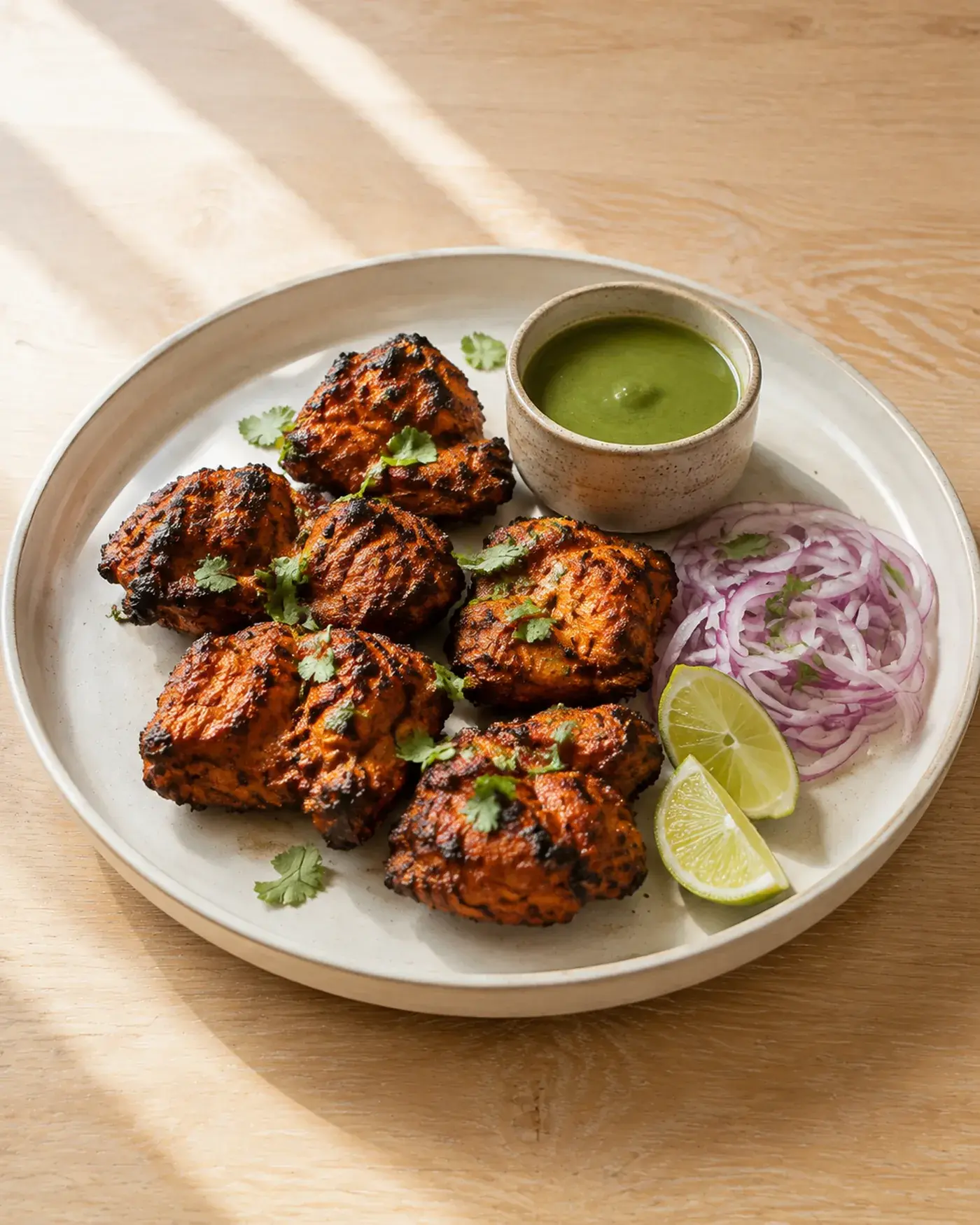 Charred tandoori chicken tikka on skewers with mint chutney and lime.