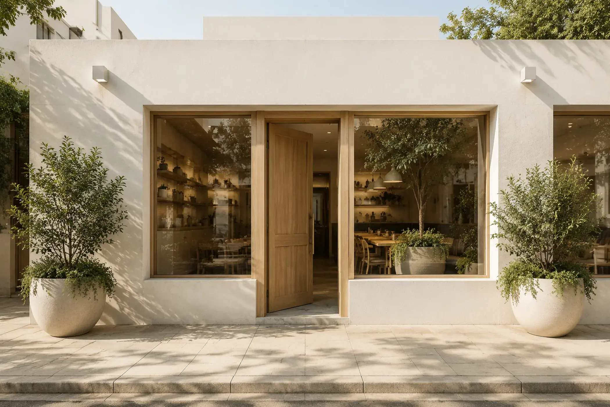 An arched wooden doorway in a sunlit ochre wall, terracotta planters either side.