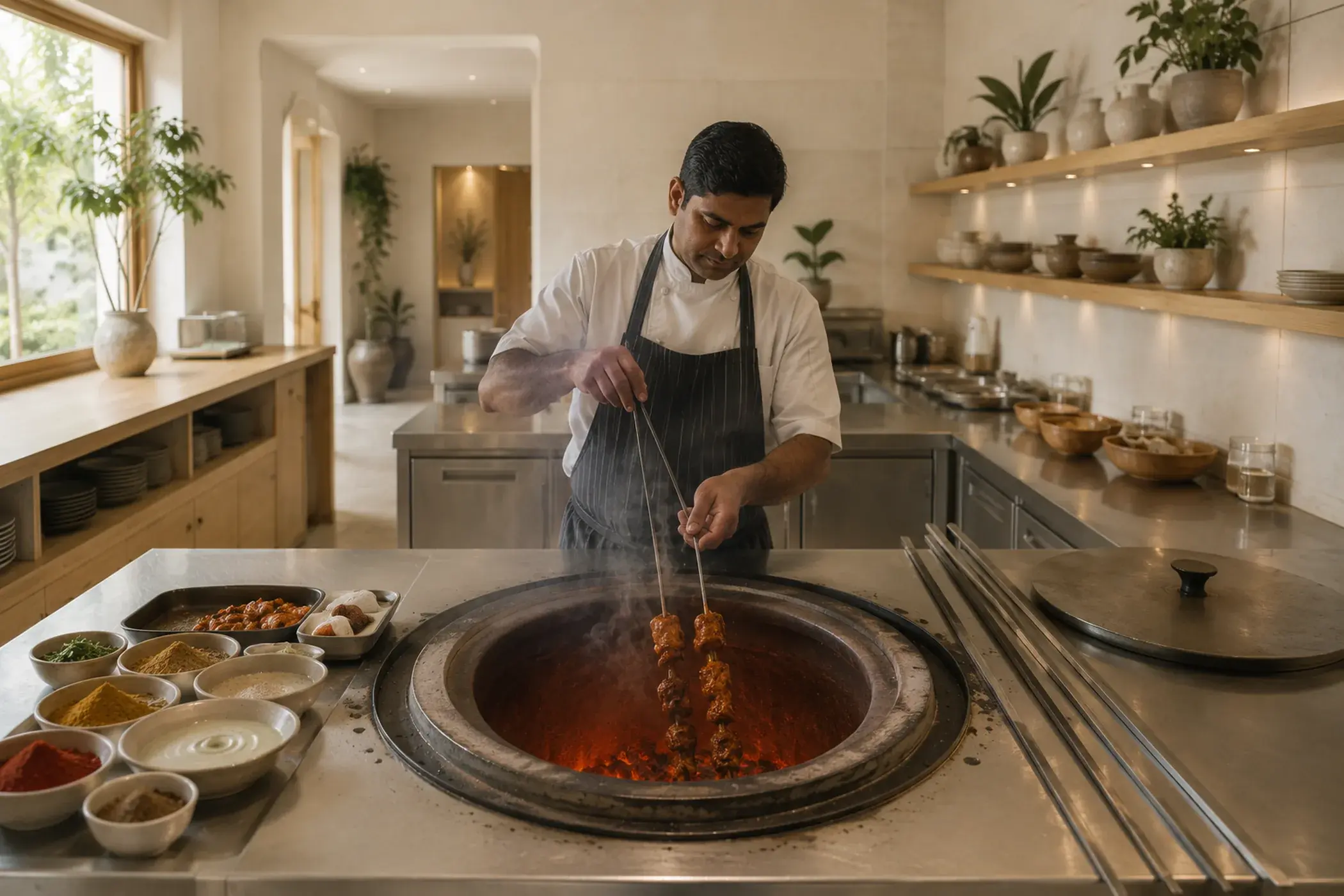 A skewer lowered into the glowing coals of a clay tandoor.