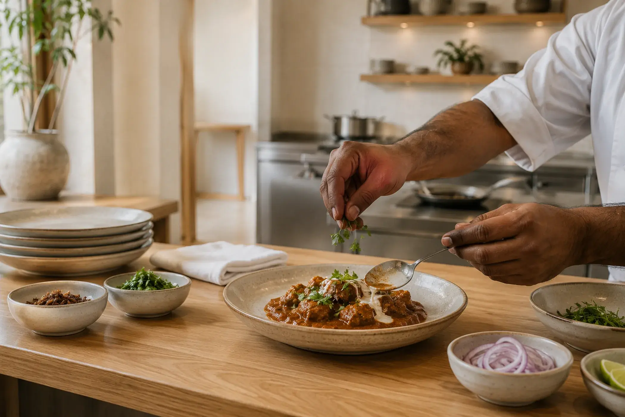 A rich butter chicken curry being finished over a wooden pass.