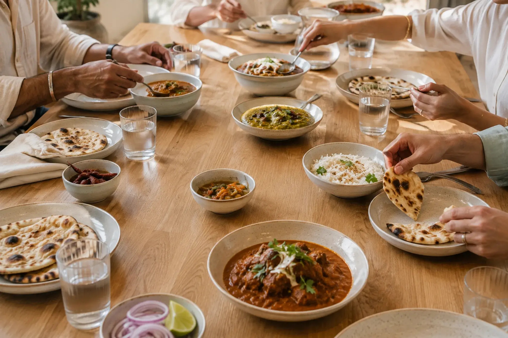 A full table mid-meal, brass bowls of curry and dal with hands reaching to share.
