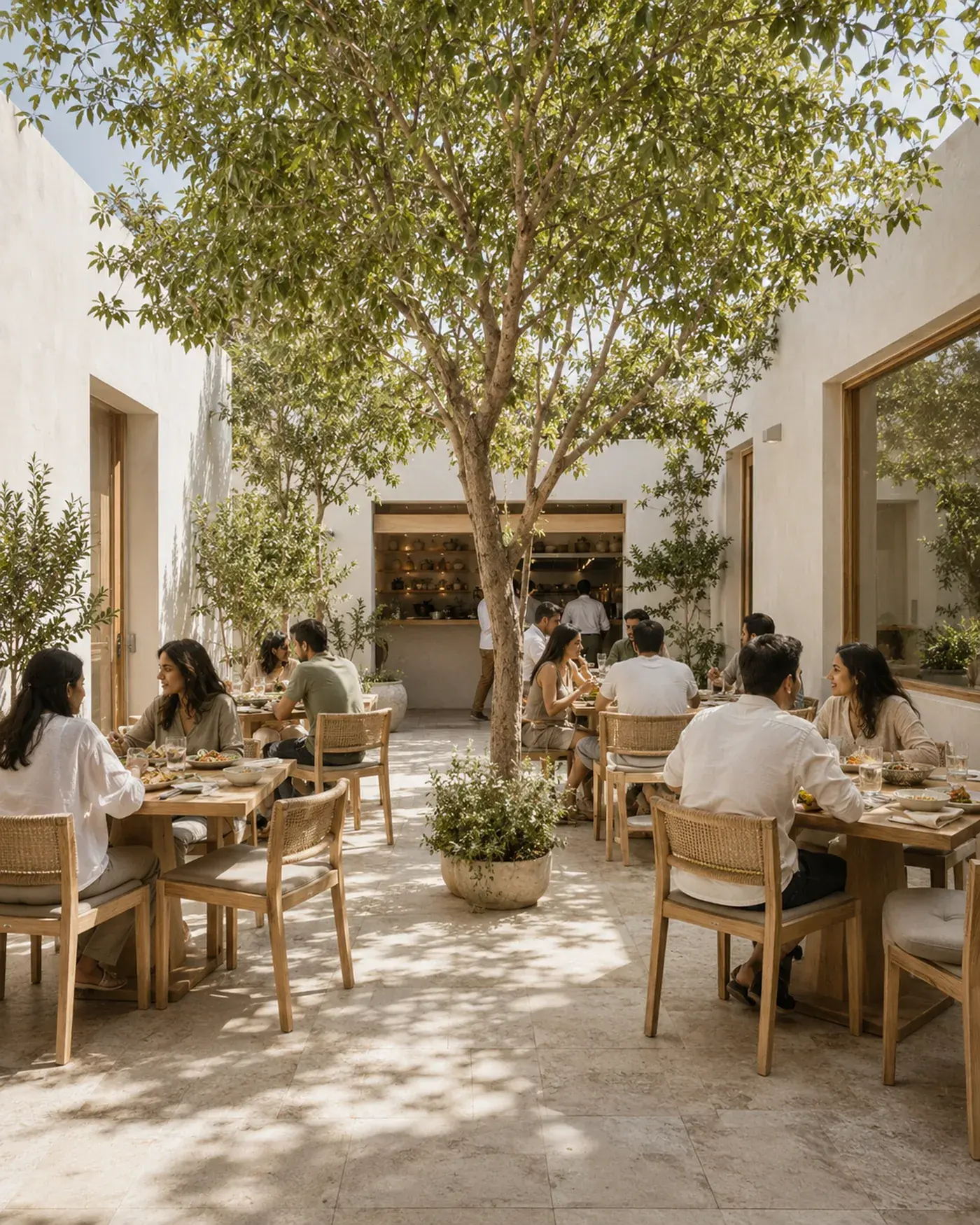 Diners at wooden tables in a sunlit courtyard beneath a leafy tree, dappled light across ochre walls.